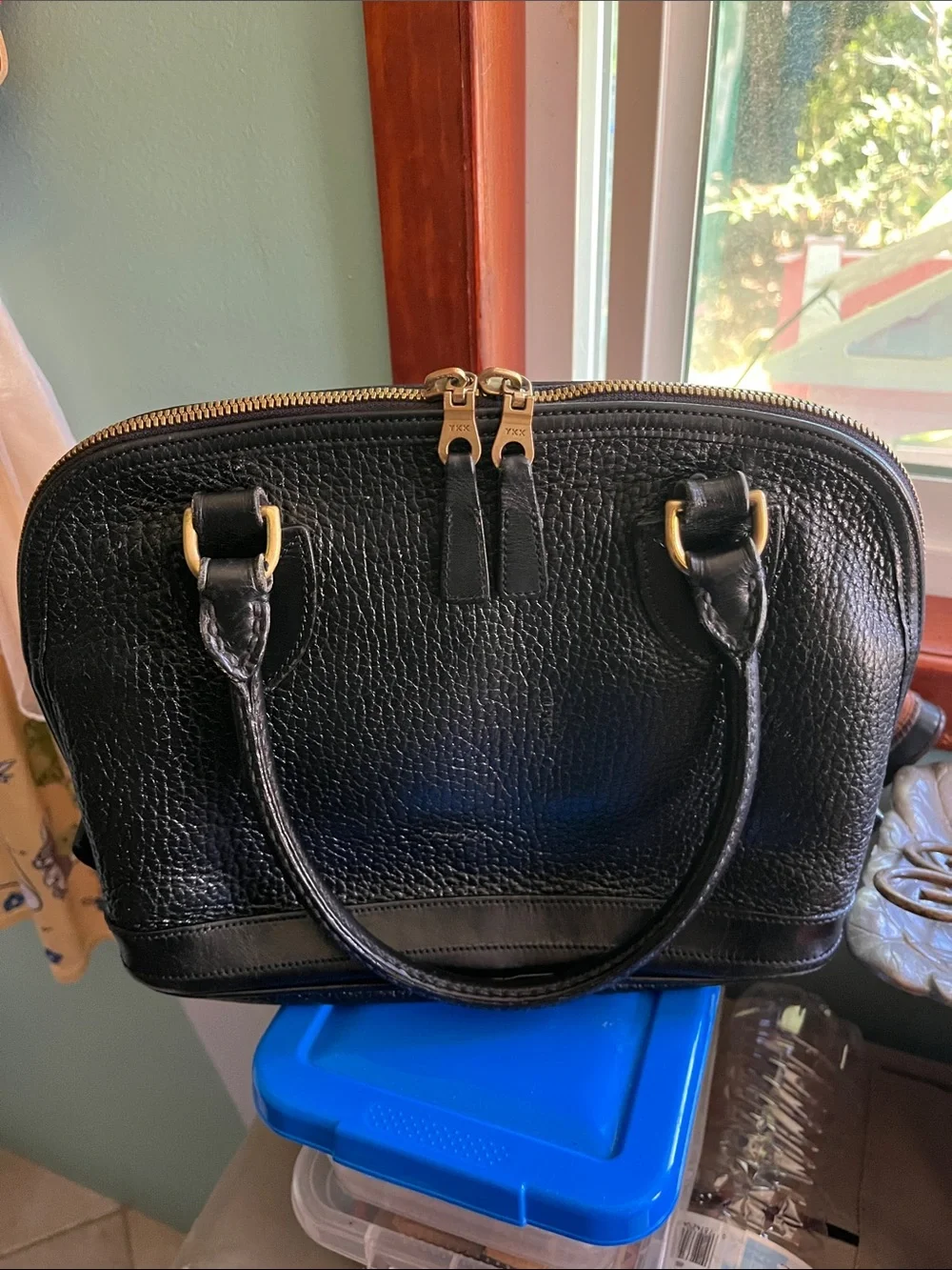Dooney & Bourke Black Pebbled Leather Dome Satchel with Gold Hardware